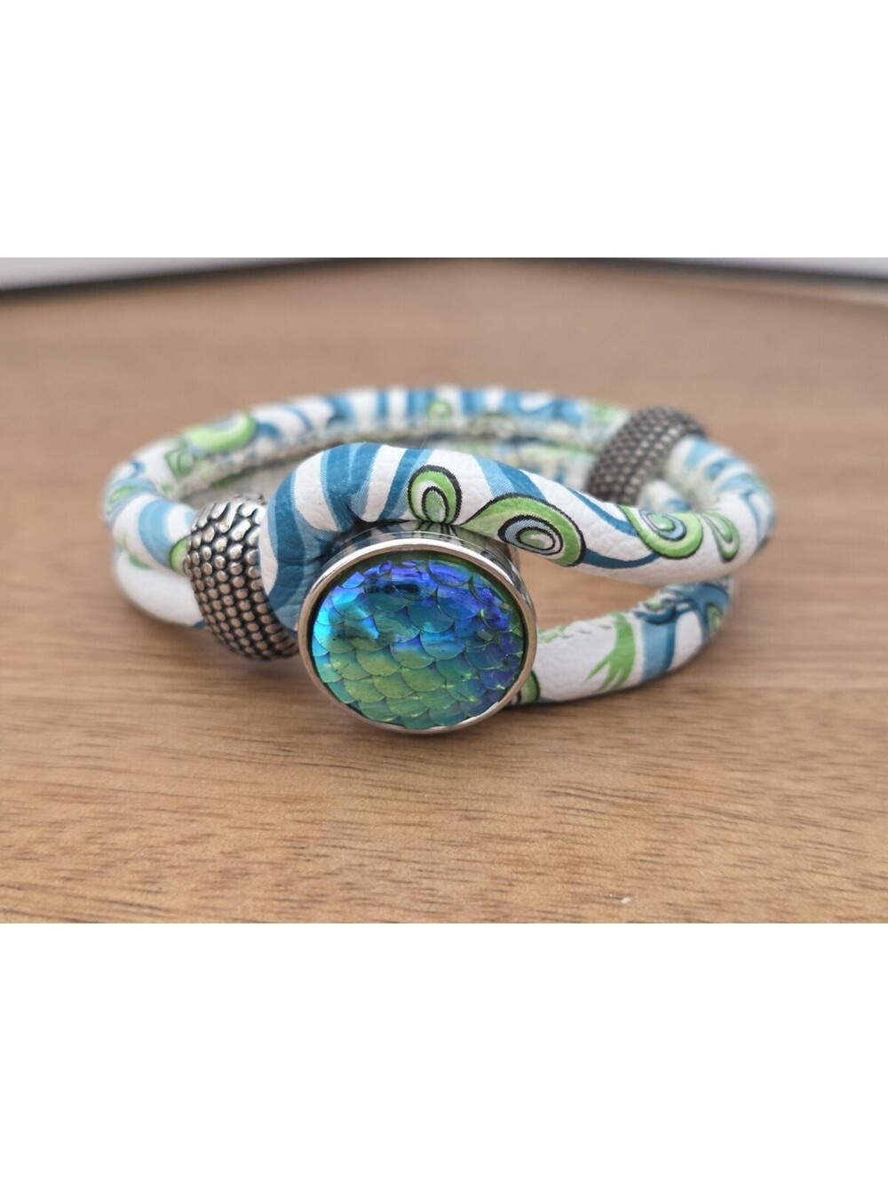 Boho Blue Green Fabric Wrapped Bracelet Iridescent Mermaid Scale Cabochon